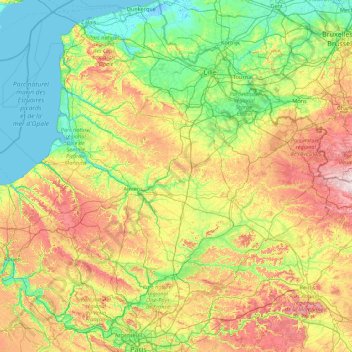 Mapa topográfico Hauts-de-France, altitud, relieve