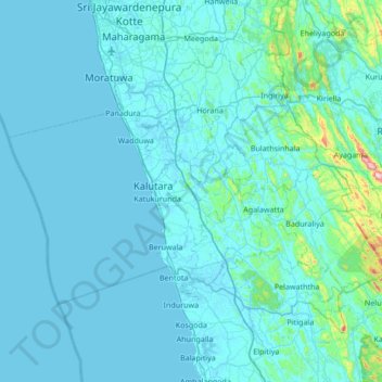 Mapa topográfico Kalutara District, altitud, relieve