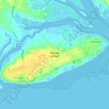Mapa topográfico Mersea Island, altitud, relieve