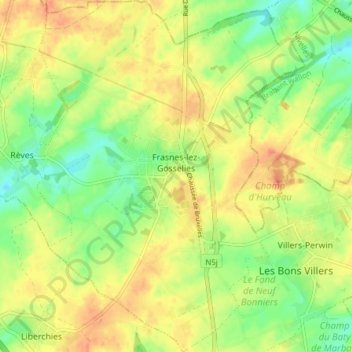 Mapa topográfico Frasnes-lez-Gosselies, altitud, relieve