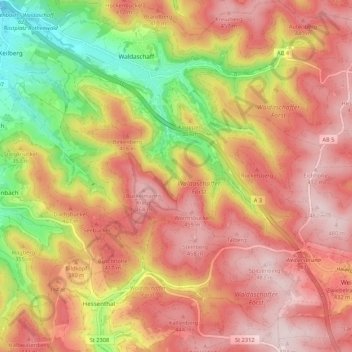 Mapa topográfico Waldaschaffer Forst, altitud, relieve