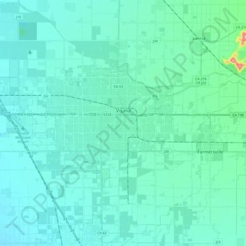 Mapa topográfico Visalia, altitud, relieve
