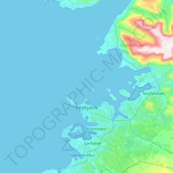 Mapa topográfico Reykjavik, altitud, relieve