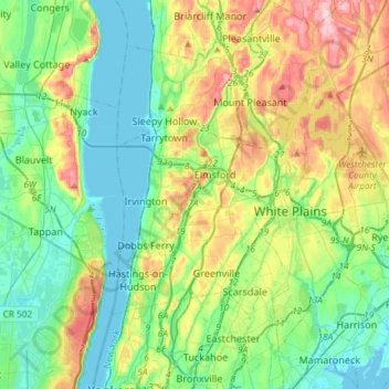 Mapa topográfico Saw Mill River, altitud, relieve