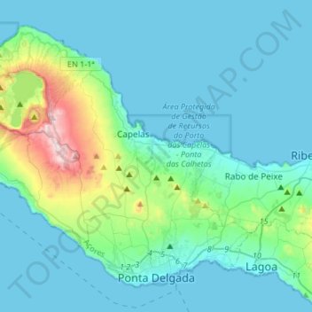 Mapa topográfico Ponta Delgada, altitud, relieve