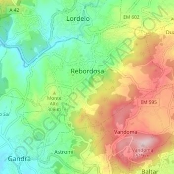 Mapa topográfico Rebordosa, altitud, relieve