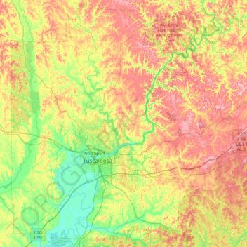 Mapa topográfico Tuscaloosa County, altitud, relieve