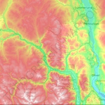 Mapa topográfico Area G (Upper Similkameen/Hedley), altitud, relieve
