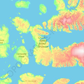 Mapa topográfico Devon Island, altitud, relieve