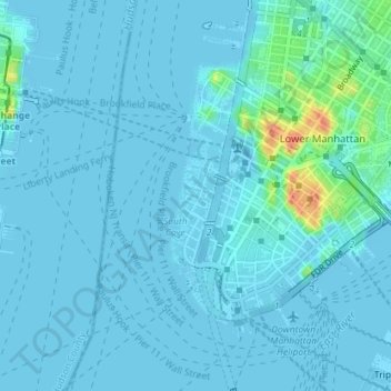 Mapa topográfico Battery Park City, altitud, relieve