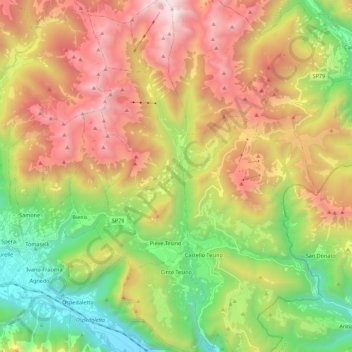 Mapa topográfico Cinte Tesino, altitud, relieve
