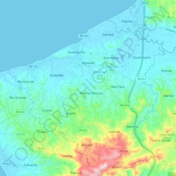 Mapa topográfico Aguada, altitud, relieve