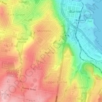 Mapa topográfico Hillcrest, altitud, relieve