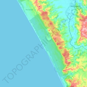 Mapa topográfico Muriwai Beach, altitud, relieve