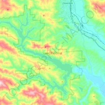 Mapa topográfico Lake Sonoma, altitud, relieve