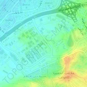 Mapa topográfico Dubai Production City, altitud, relieve
