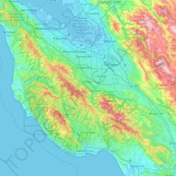 Mapa topográfico Santa Cruz Mountains, altitud, relieve