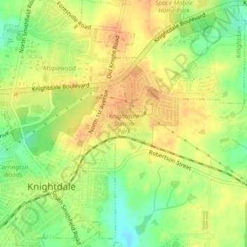 Mapa topográfico Knightdale Station Park, altitud, relieve