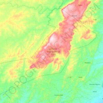 Mapa topográfico Shimba Hills National Reserve, altitud, relieve