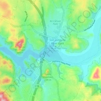 Mapa topográfico Lake Hodges, altitud, relieve