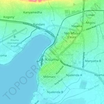 Mapa topográfico Kisumu, altitud, relieve