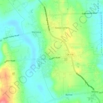 Mapa topográfico Graton, altitud, relieve