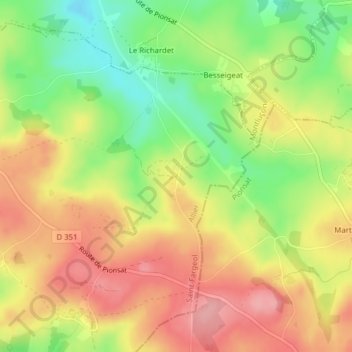 Mapa topográfico Mazérat, altitud, relieve