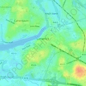 Mapa topográfico Limerick, altitud, relieve