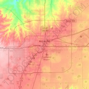Mapa topográfico Amarillo, altitud, relieve