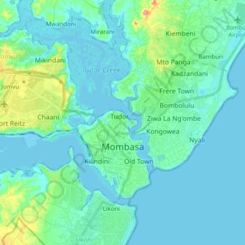 Mapa topográfico Mombasa, altitud, relieve