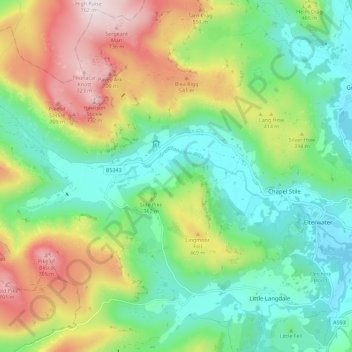 Mapa topográfico Great Langdale, altitud, relieve