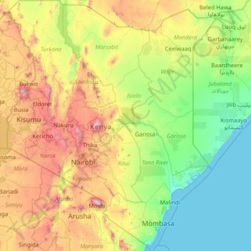 Mapa topográfico Kenia, altitud, relieve